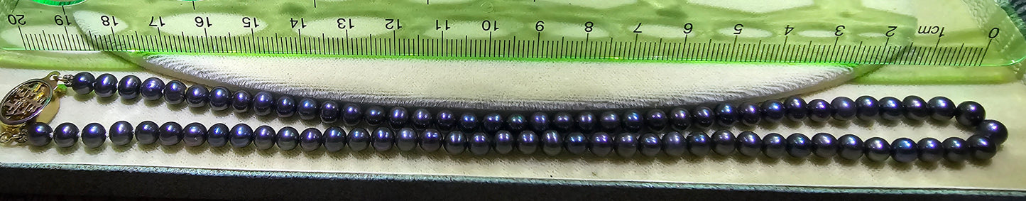 Stylish 6mm peacock colour freshwater cultured pearl necklace 16in long with Japanese good luck clasp.