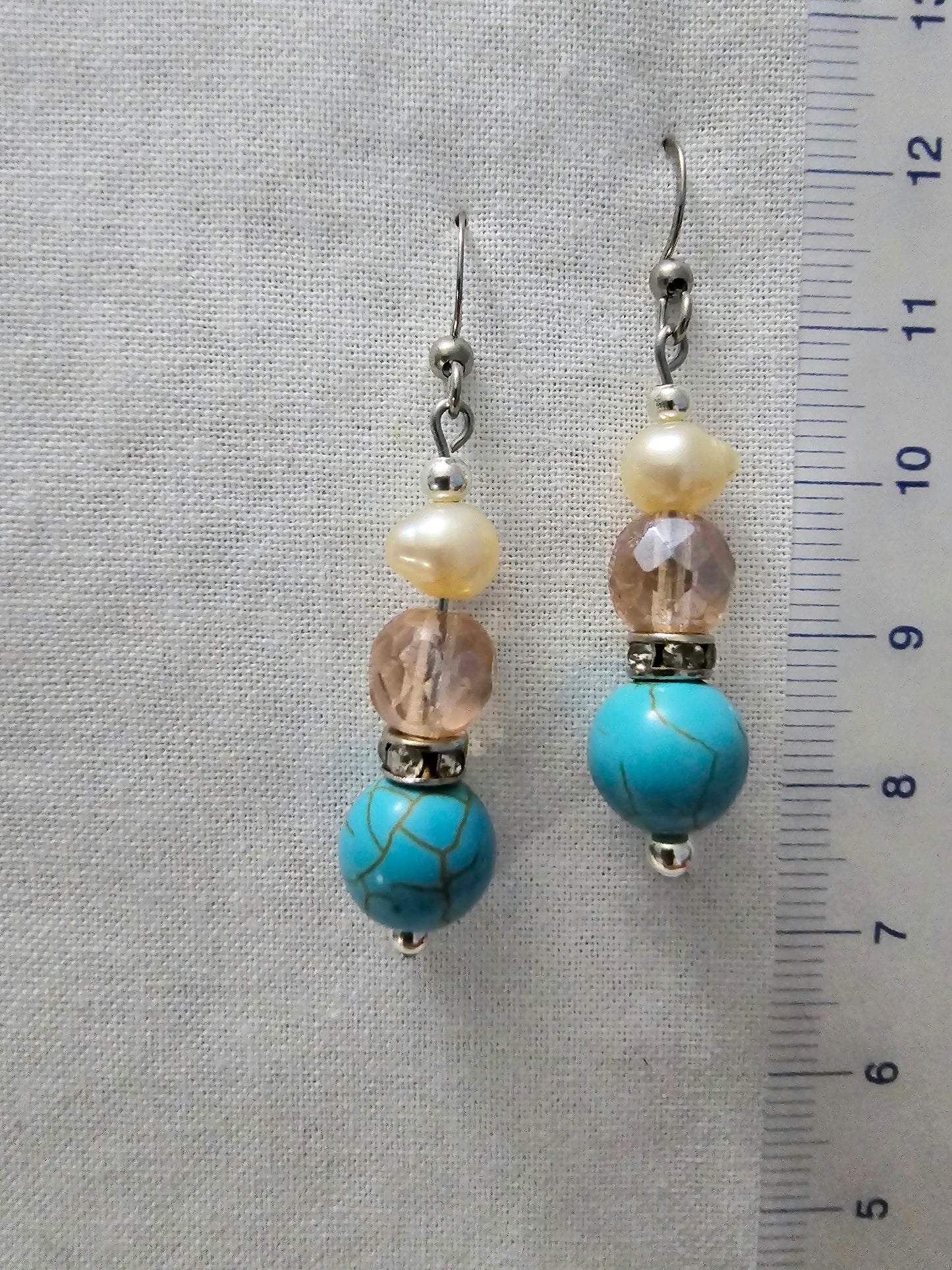 Turquoise howlite earrings, with cultured pearll and a vintage crystal bead, classic style, easy to wear