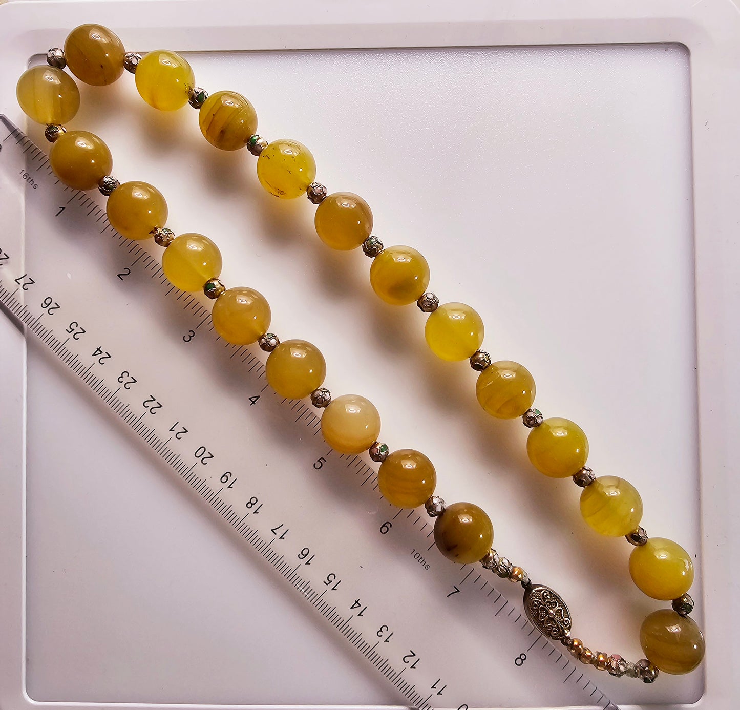 Yellow banded agate choker necklace with cloisonne spacer beads
