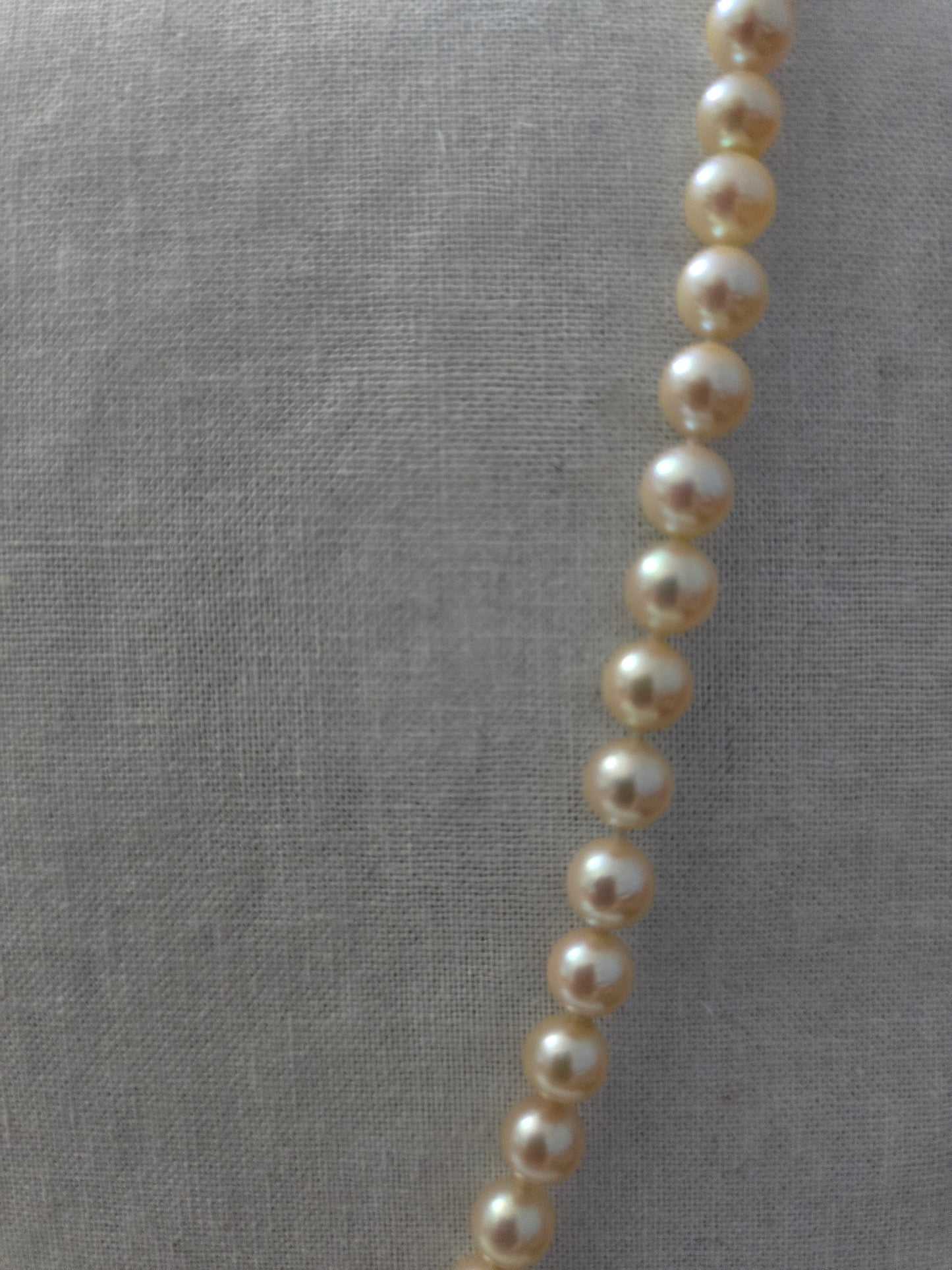 22" Japanese Akoya pearl necklace. Pearls sized between 6.5mm and 7mm each. Great mirror surface and few inclusions. The pearls are white with a gold hue.