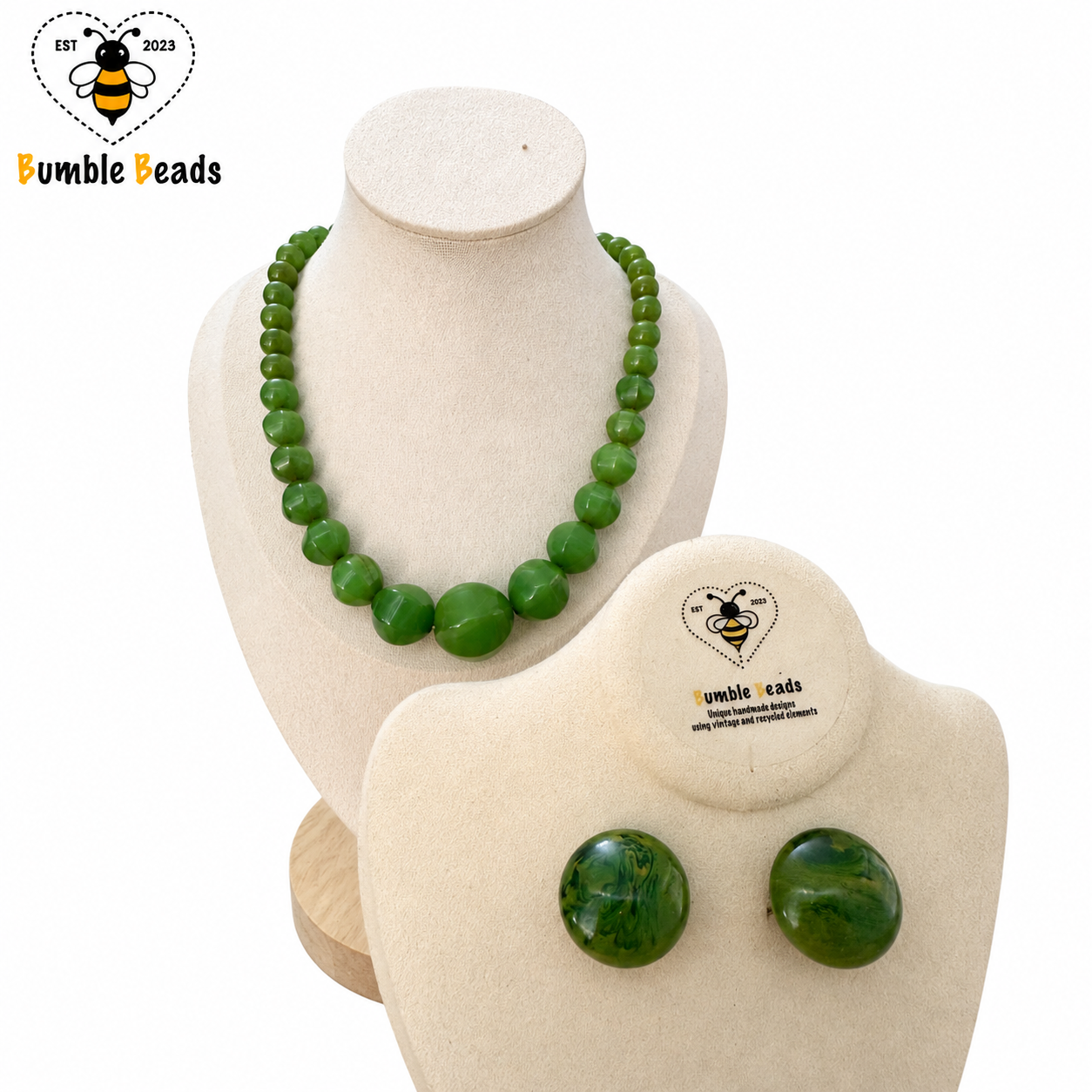 Early Vintage Green Lucite Graduated Necklace & Matching Earrings Set