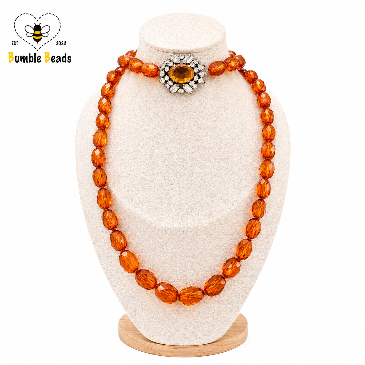 Mid-Century Natural Cognac Amber extra long necklace with graduated and faceted beads and statement clasp