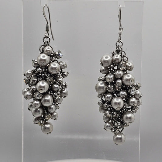 Grey Faux Pearl And Diamonte Dangle Earrings, Stunning And A Real Statement Pair