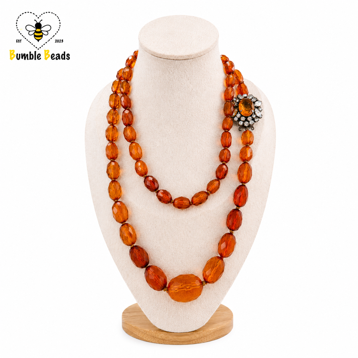 Mid-Century Natural Cognac Amber extra long necklace with graduated and faceted beads and statement clasp