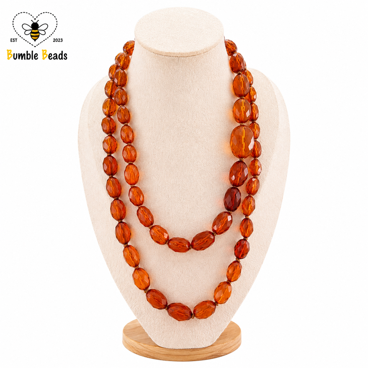 Mid-Century Natural Cognac Amber extra long necklace with graduated and faceted beads and statement clasp