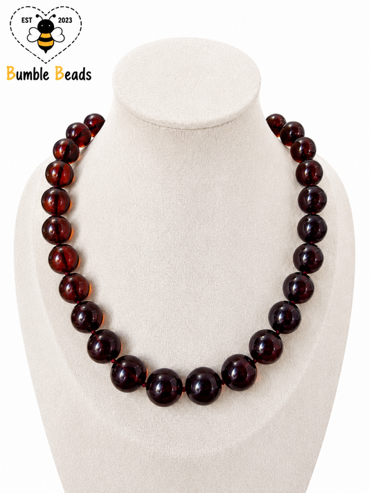 Vintage Deep Red Amber Bead Necklace with Insect Inclusion
