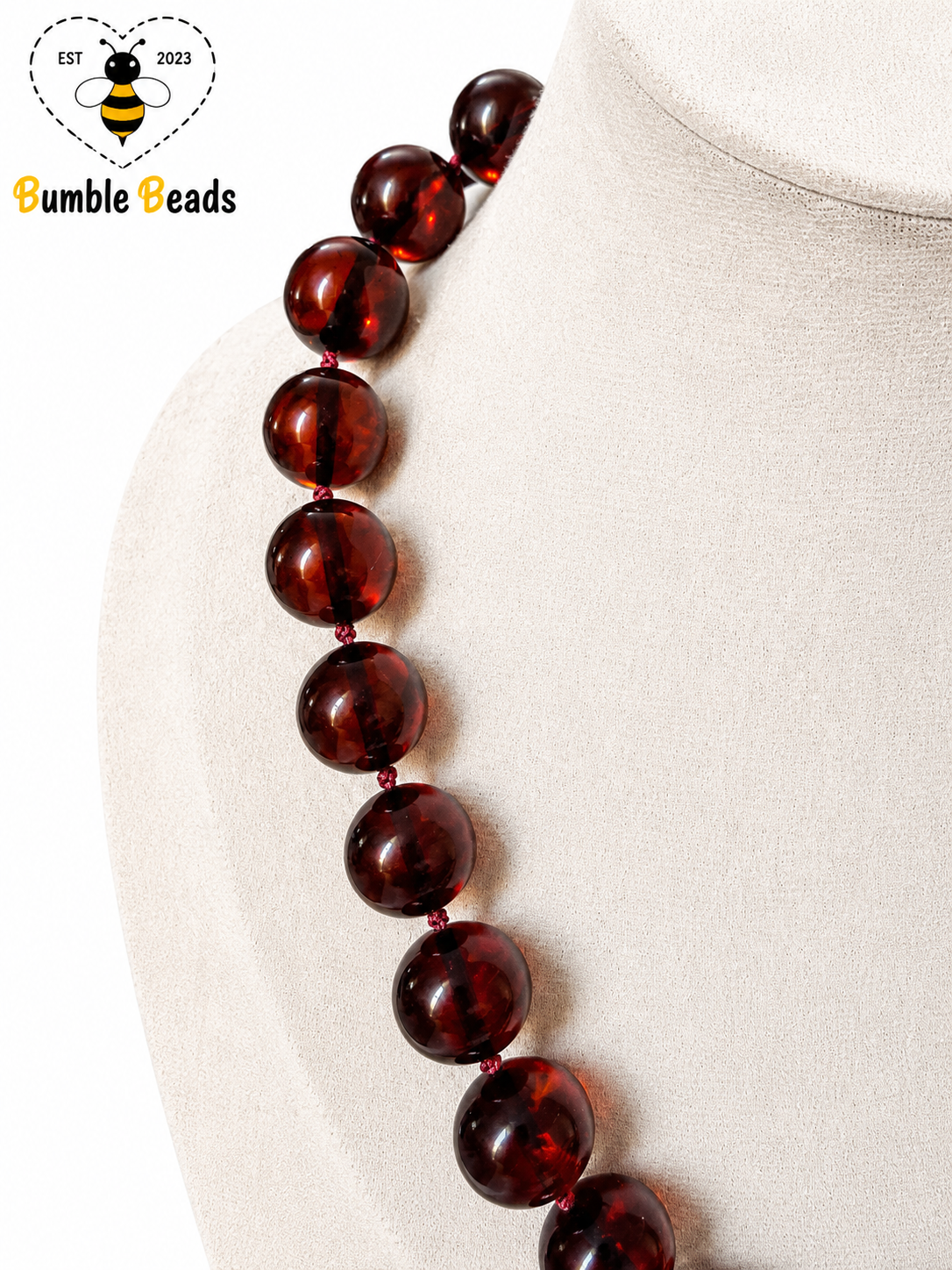 Vintage Deep Red Amber Bead Necklace with Insect Inclusion