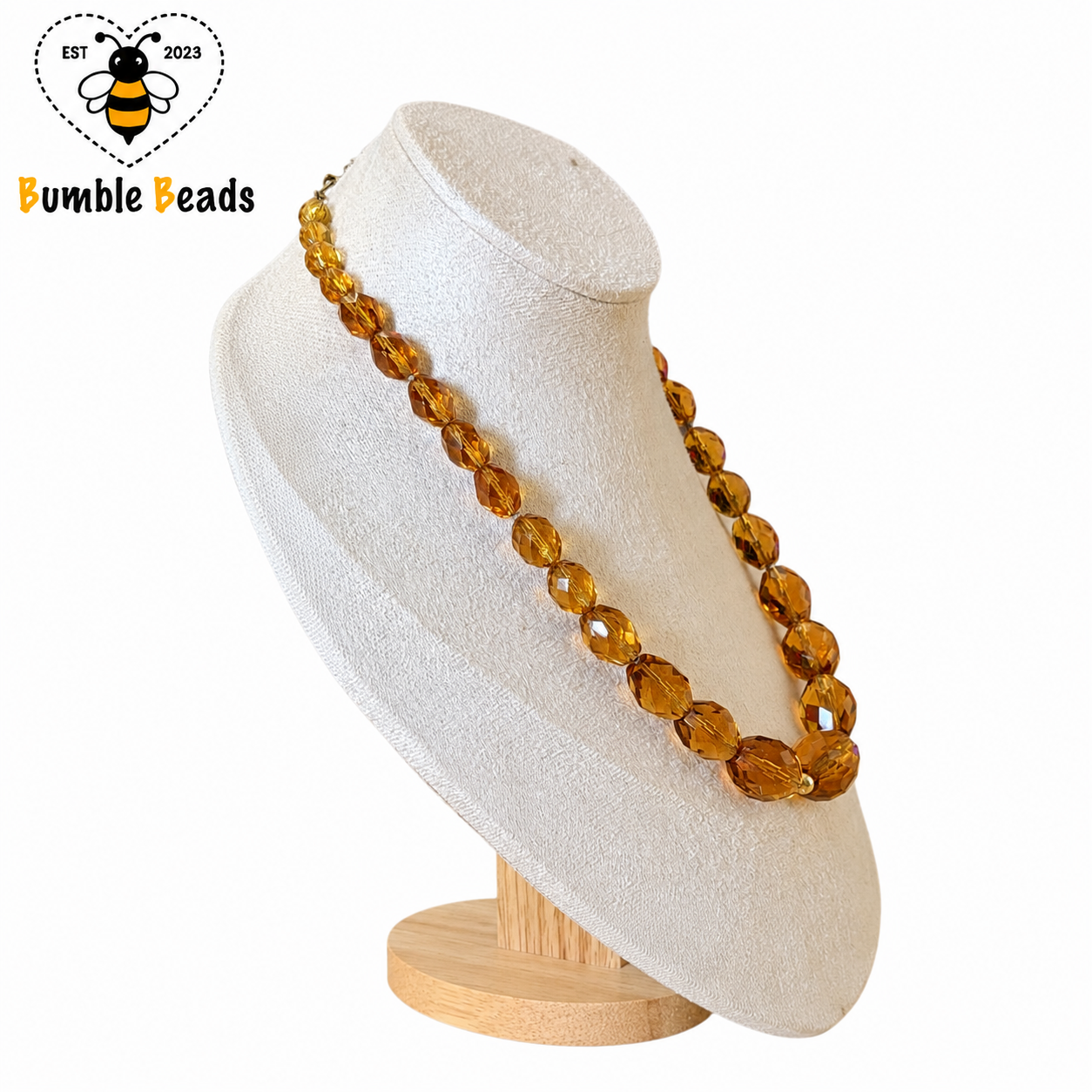 Vintage Graduated Honey Amber Faceted Crystal Bead Necklace
