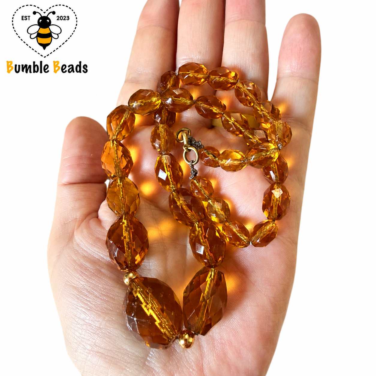 Vintage Graduated Honey Amber Faceted Crystal Bead Necklace